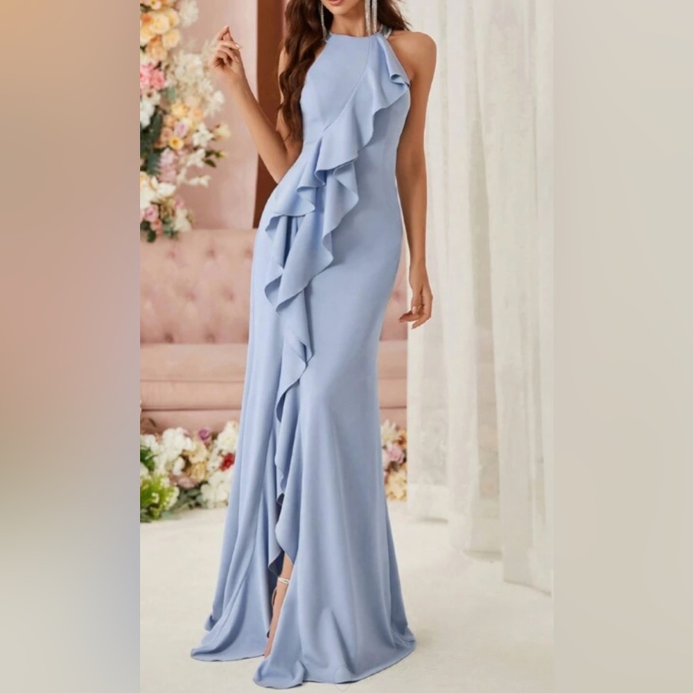 Blue Asymmetrical Ruffled One Shoulder Gown
